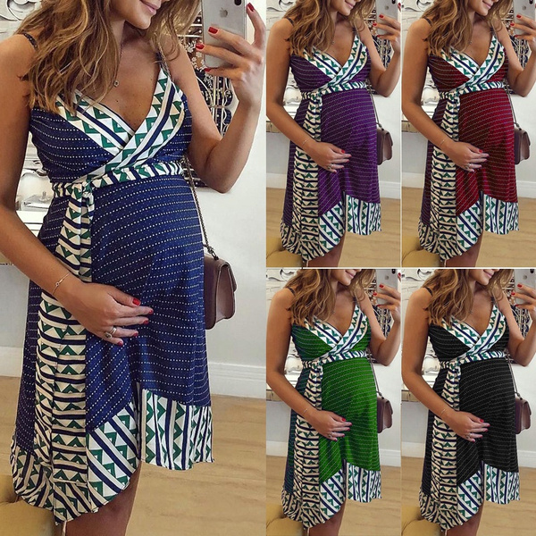 Vestido Moda Mujer Embarazada Con Cuello En V Estampado Vestido Moda Mujer Embarazada Con Cuello En V Estampado