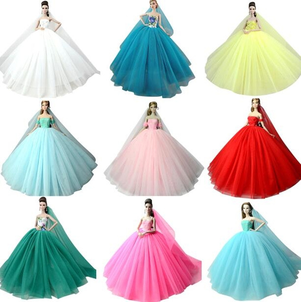 High Quality Handmade Long Evening Gown Lace Wedding Doll Dress for Barbie Doll 