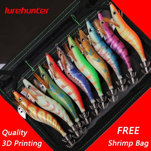 Lurehunter Free Bag 10Pcs Fishing Lure Set Squid Jigs 3.0#/3.5# Hook  Luminous Wooden Shrimp Artificial Fishing Lures Wood Shrimp Fishing Bait