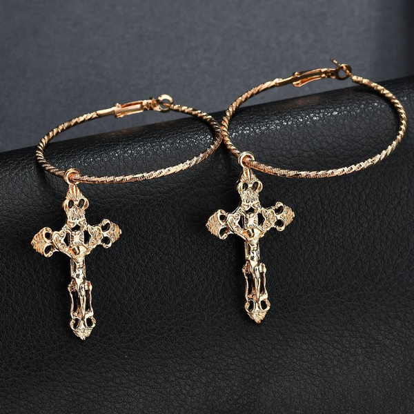 Women Gold Color Cross Earrings For Cross Pendant Earrings Drop Earrings  Vintage Fashion Jewelry Accessories