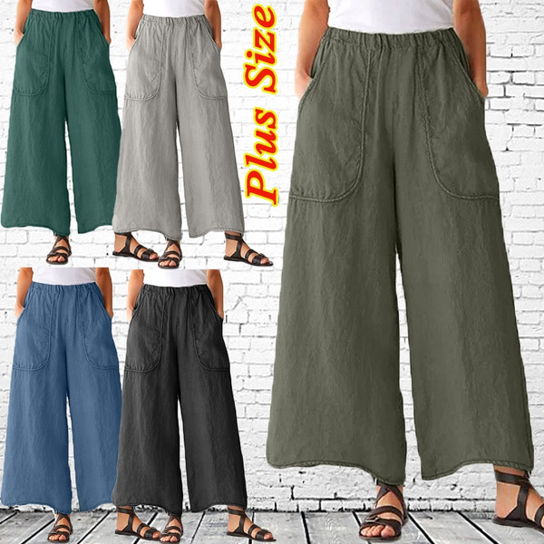 XS-6XL Womens Fashion Summer Casual Loose Linen Trousers Elastic High  Waisted Pant Ladies Pocket Wide Leg Plus Size Long Pants