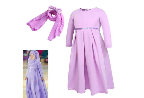 7-12Years Kids Girl Ramadan Muslim Abaya Dubai Long Dress Robe + Hairband  Set Traditional Clothing