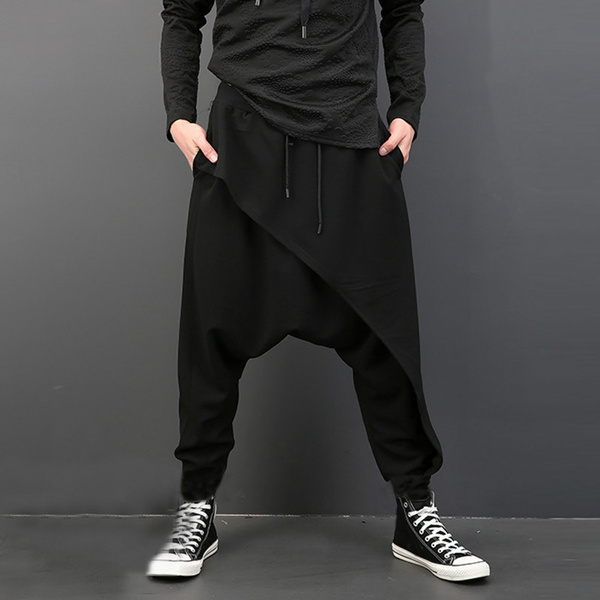 Mens Casual Cotton Linen Baggy Trousers Wide Leg Elastic Waist Loose Harem  Pants | eBay