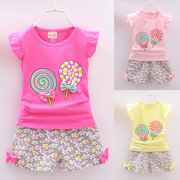 2PCS Summer Toddler Kids Girl Outfits Bowknot Print Sleeveless T-shirt ...
