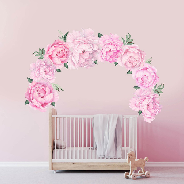 Pink Peony Flower Wall Stickers Vintage Watercolour Roses Wall Decals
