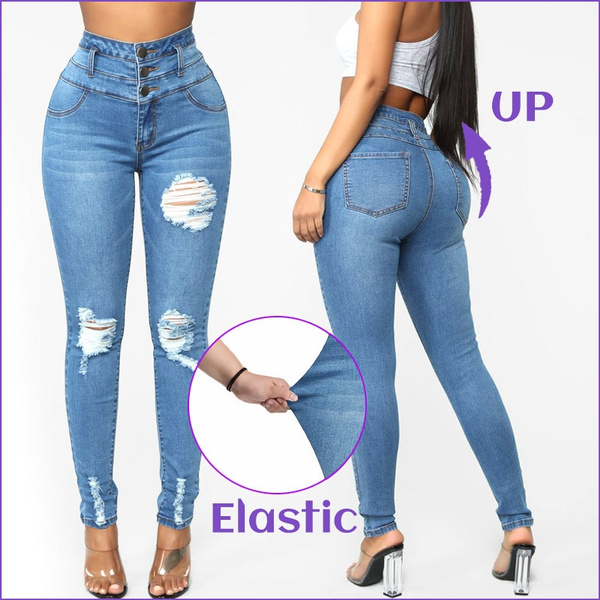 Blue High Waisted Elastic High Waisted Ripped Jeans With Hole Strap For  Women Perfect Valentines Day Gift From Cinda01, $19.65