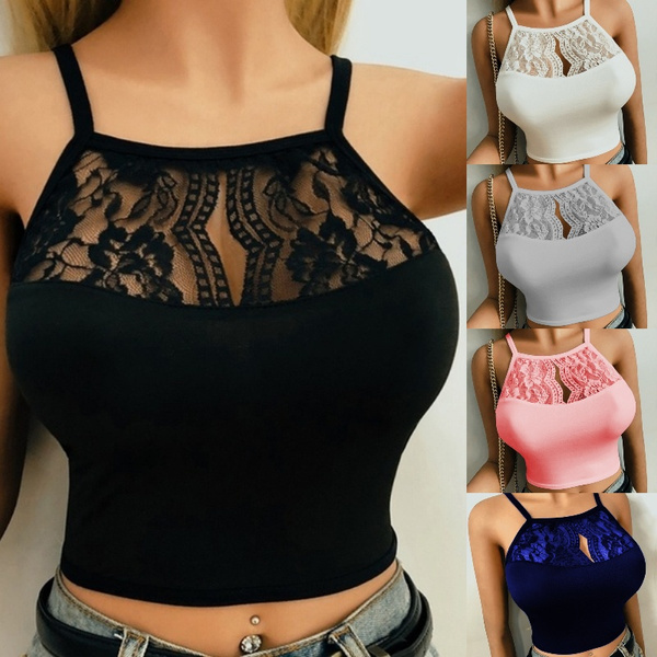 5 Colors Plus Size New Fashion Summer Women's Floral Lace Spaghetti Straps  Bra Patchwork Lingerie Top Sleeveless Halter Hollow Out Crop Top Cup Bra