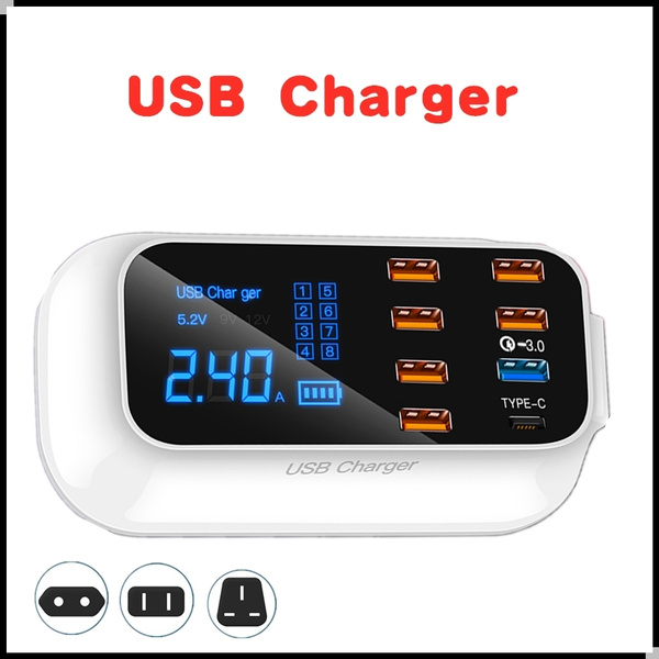 8-Port USB Fast Charging Station AC Power LCD Display Charger QC 3.0 ...