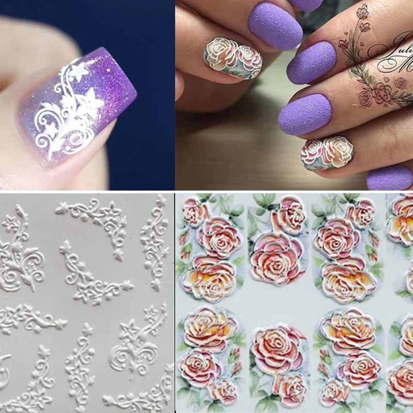 1pc Nail 3d Diy Rose Flower Pineapple Birds Blooming Flower Engraved Acrylic Nail Sticker Embossed Water Proof Nails Beauty Wish