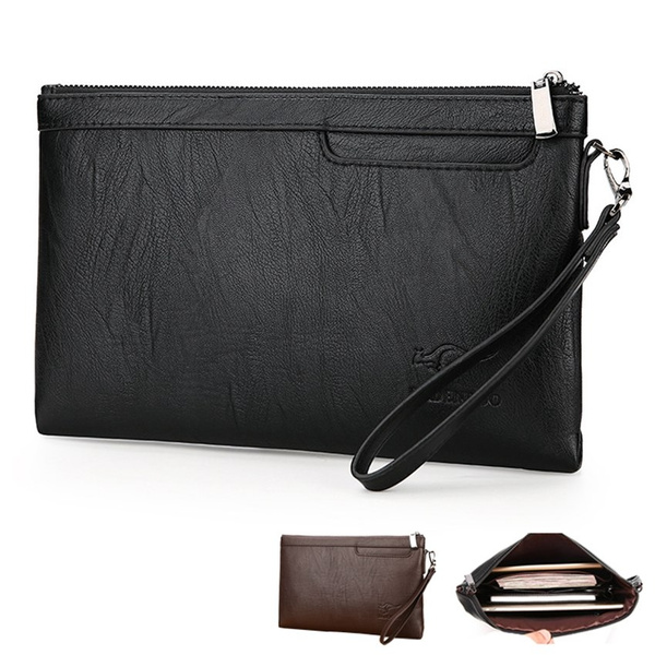 Small Leather Zippered Clutch Bag for Women with Detachable