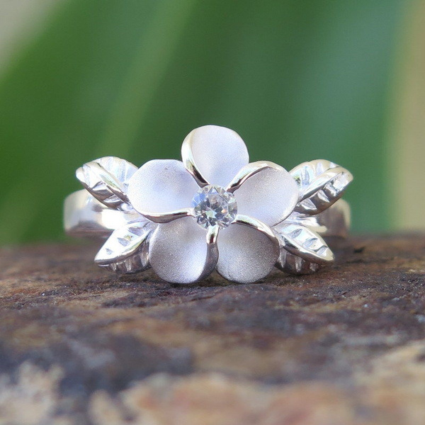 Hawaiian Silver Four Leaves Plumeria Flower CZ Wedding Ring Band 12mm SR2061 