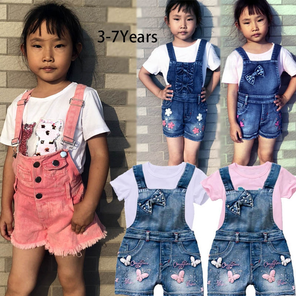 Summer Kids Kids Little Girls Denim Shorts Set 2 Piece Short Sleeve T Shirt and Denim Jumper Shorts