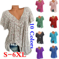 Summer Women Plus Size Casual Loose V Neck Short Sleeve Floral Printed ...