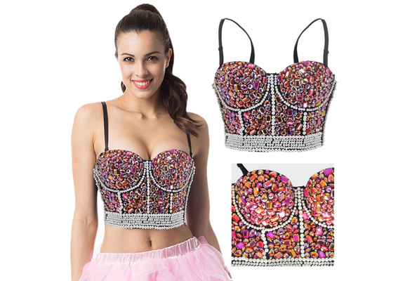 Pink Diamond & White Beads Show Club Party Bra Gothic Soutien Gorge Femme  Push Up Bralette Crop Top Bustier Sexy Brassiere Femme