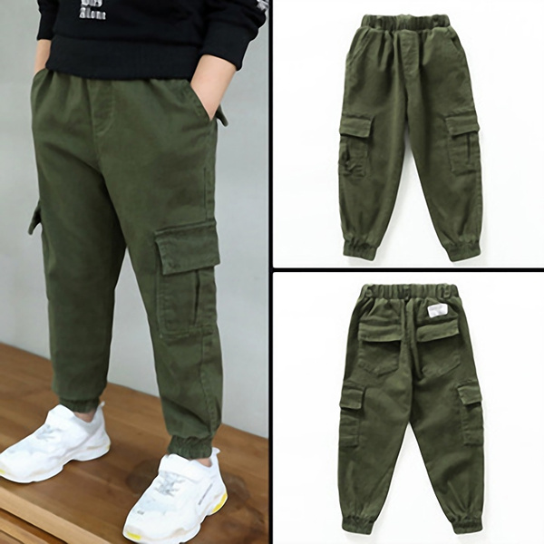 Kids Boys Army Green Cargo Pants Children Casual Trousers