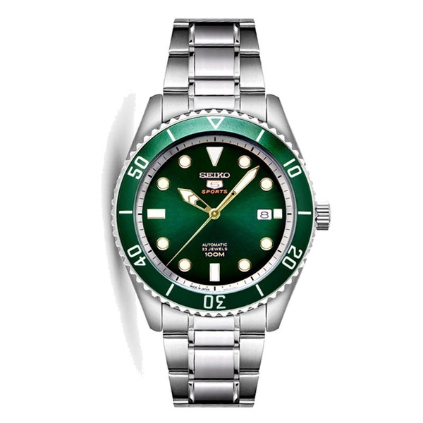 Seiko Men's Silver Tone Watch with Black\u0026Green Bezel | Wish