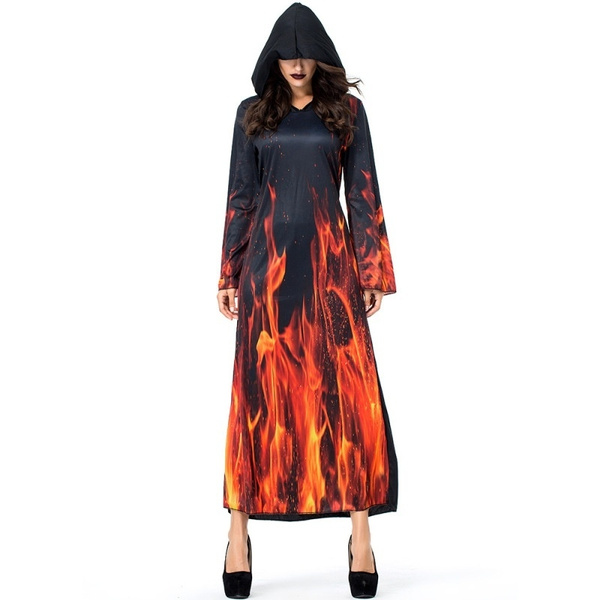 plus size Hooded Cap Burning Fire Hell Demon Long Robes Halloween ...