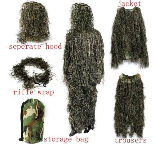 Gillie Ghillie Suit 5 Pc Woodland Camouflage Camo New Pants Jacket Hood Gun BMX 