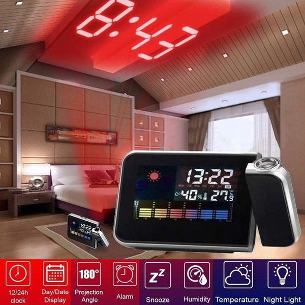 Electrohome Projection Digital Alarm Clock Night Projection Clock Weather Temperature Humidity Hygrometer Wall Projection Display Clock For Home Livingroom Bedroom Wish