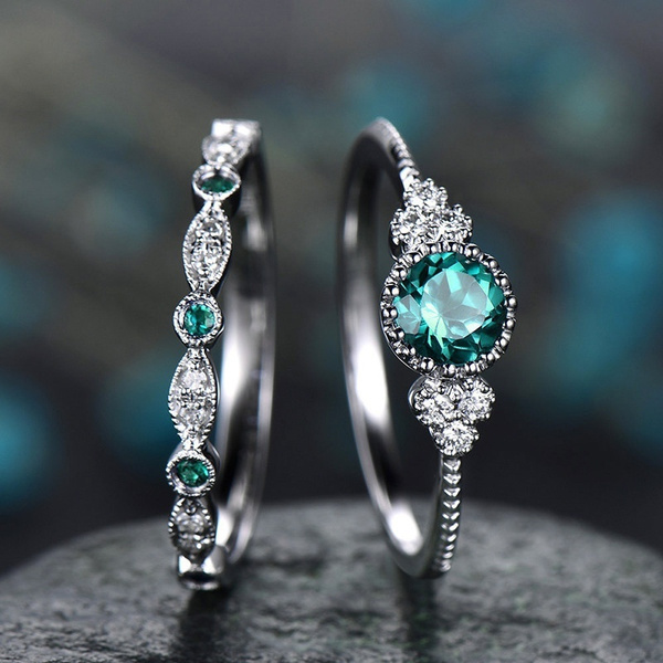 Milgrain Halo Emerald Diamond Engagement Ring/ Half Eternity Green Emerald  Rings/ Diamond Halo Wedding Rings/ Statement Ring