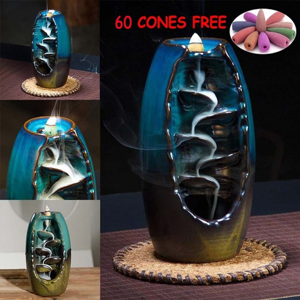 Creative Ceramic Waterfall Smoke Back Incense Burner Aroma Diffuser Home Decoration Air Purifier Send 60 Incense Cones Wish