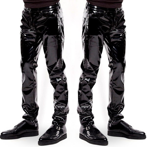 Fashion Faux Leather Pants Black Casual Slim Fit Mens PVC Shiny
