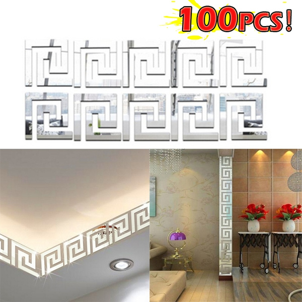 10 PCS 3D Mirror Wall Sticker Decoration Geometric Greek Key Pattern Removable