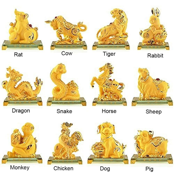 Unit Y and H Chinese Zodiac Twelve Animals 2020 New Year Golden Resin Collectible Figurines Car or Table Decor Statue