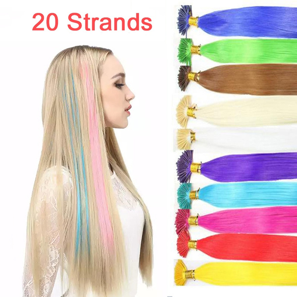 16 Inches Pre Bonded Hair Extension I Tip Long Straight Rainbow Pink Synthetic Hair Strand Wish