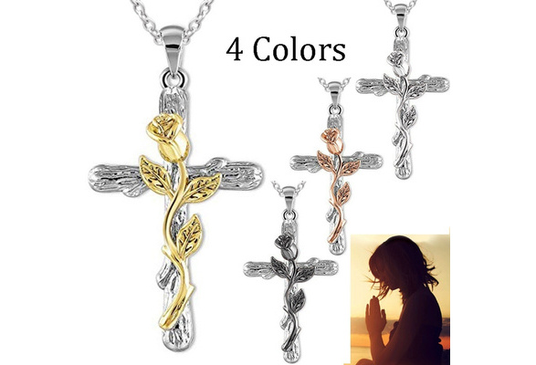 4 Colors Natural Rose Flower Plant Cross Pendant Chain Necklace Praying  Catholicism Jewelry Gift For Women 18 With 2'' Extension