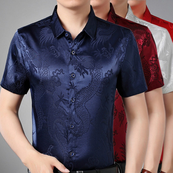 Men Faux Silk Satin Tops Blouse Shirt Formal Business Casual Long