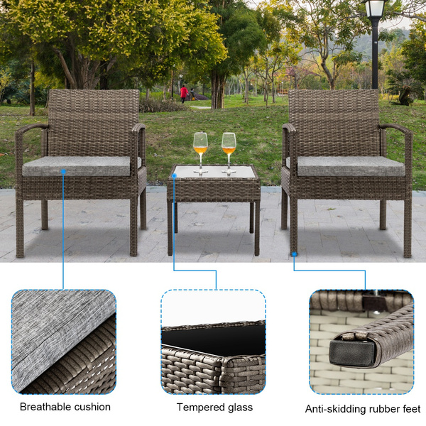 3 Piece Patio Furniture Set Wicker Rattan Outdoor Patio Conversation Set 2 Cushioned Chairs End Table Home