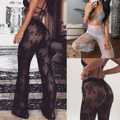 2019 Summer Hollow Out Lace Sexy See Through Flare Pants Women Transparent  Long Pants Trousers Casual Holiday Beach Pants