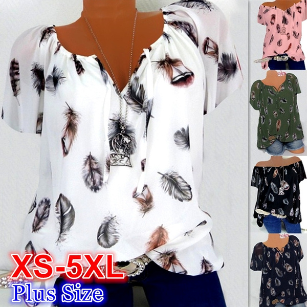 New Summer Womens Fashion Plus Size Tops Short Sleeve Feather Print ...