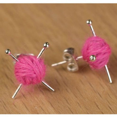 Hot Pink Wool Knitting ear studs- Yarn Ball and Needles - Knitter's Gift