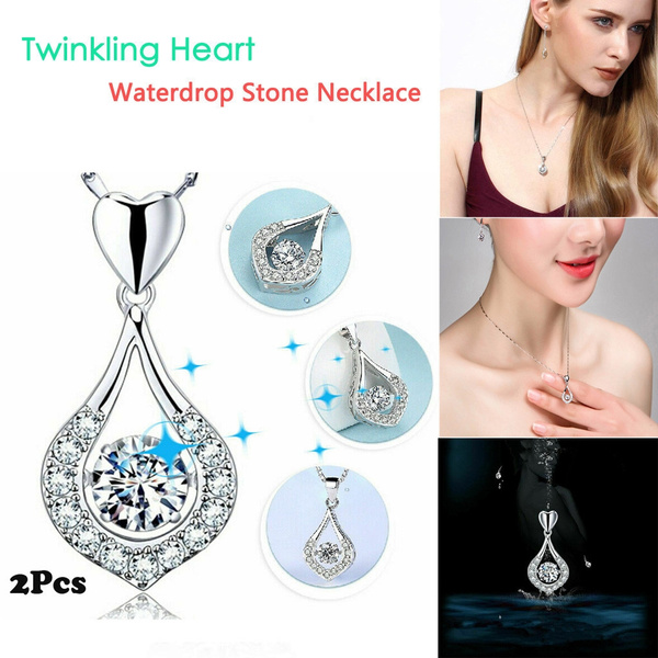 DDLmax Luxury Twinkling Heart Waterdrop Stone Necklace Women Silver Pendant Necklace