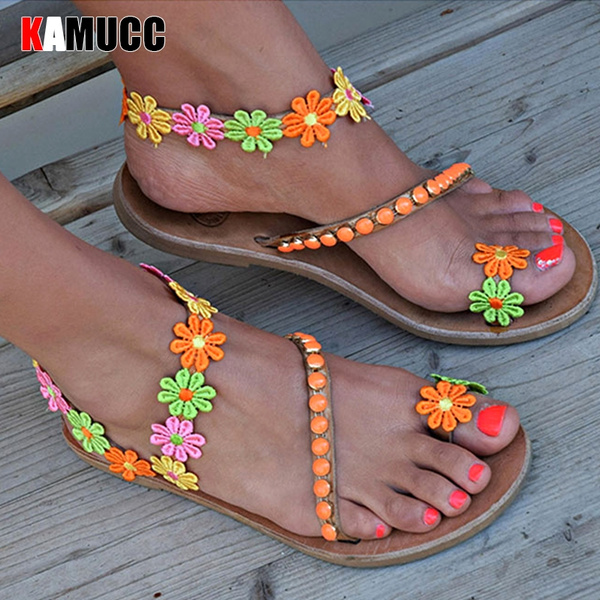 Women Boho Flat Rhinestone Fashion Ankle Sandals Floral Diamond