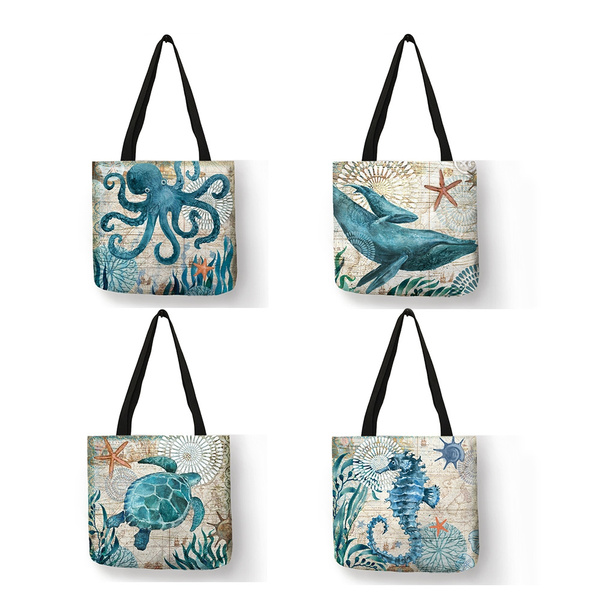 Customize Tote Bag Seahorse Turtle Octopus Pattern Traveling Shoulder Bags Eco L