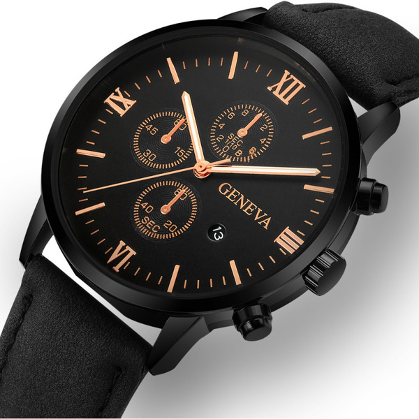 Fashion Brand Men Black Leather Watches Geneva Stainless Steel - Main Image