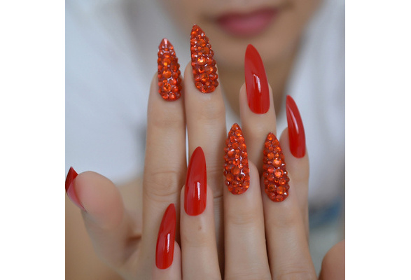 Chinese Red Luxury Fake Nails Full Cover Rhinestones Gorgeous Stiletto Long Custom Press On Nail Handmade Manicure Tips 24 Wish