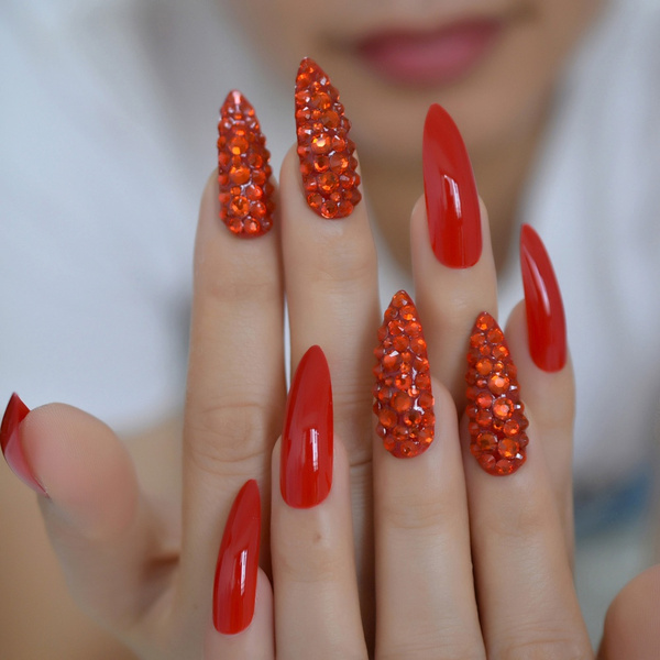 Chinese Red Luxury Fake Nails Full Cover Rhinestones Gorgeous Stiletto Long Custom Press On Nail Handmade Manicure Tips 24 Wish