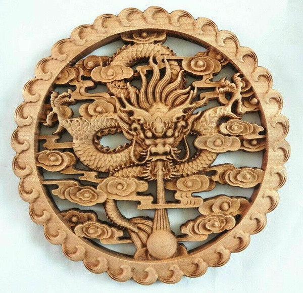 CHINESE HAND CARVED 吉祥如意福 STATUE CAMPHOR WOOD ROUND PLATE WALL SCULPTURE 
