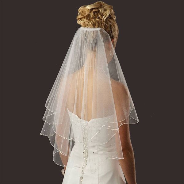 CSYPJYT Women's 2 Tier White Simple Short Wedding Bridal Veil With Comb