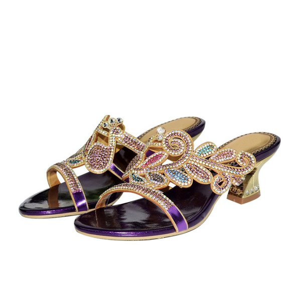 Purple Ladies Rhinestone Sandals High grade Mid heeled Shoes with