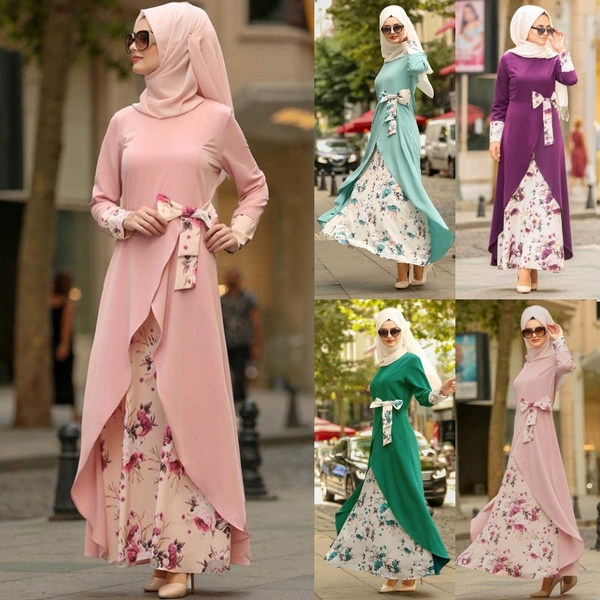 Women Muslim Long Dress Dubai Kaftan Maxi Party Gown Islamic Jilbab Floral Robes