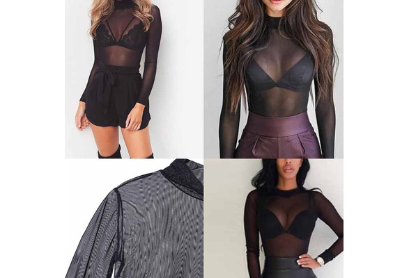 Womens Sexy See-through Sheer Mesh Blouse Transparent Long Sleeve Tight-Fitting  Casual T-Shirt Tops S-3XL | Wish