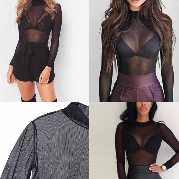 Womens Sexy See-through Sheer Mesh Blouse Transparent Long Sleeve  Tight-Fitting Casual T-Shirt Tops S-3XL