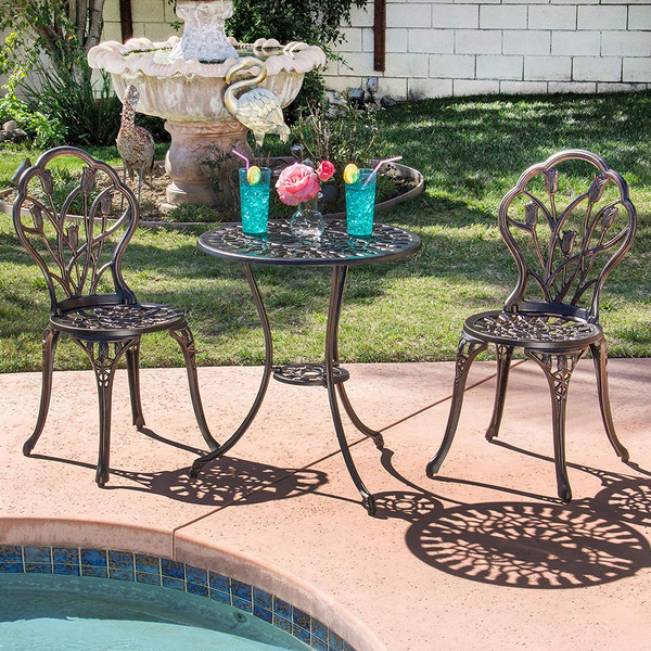 3 Piece Bistro Set Cast Rose Design Antique Outdoor Patio Furniture