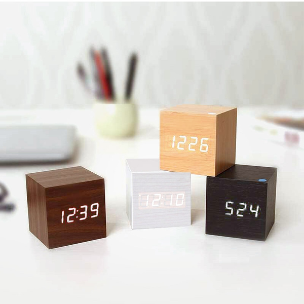 Wood Cube LED Alarm Clock Voice Control Digital Desk Bedside Clock