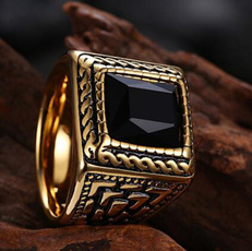 Square Black Stone Men Seal Ring Signet Gold Color Classic Wedding Band Male Ring Jewelry